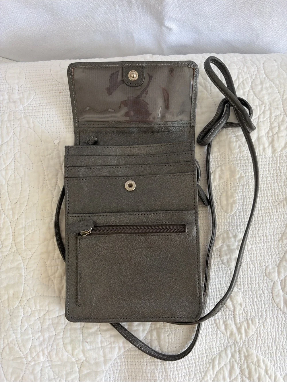 Sleek Gray Women's Crossbody Bag with Front and Side Zip Pockets